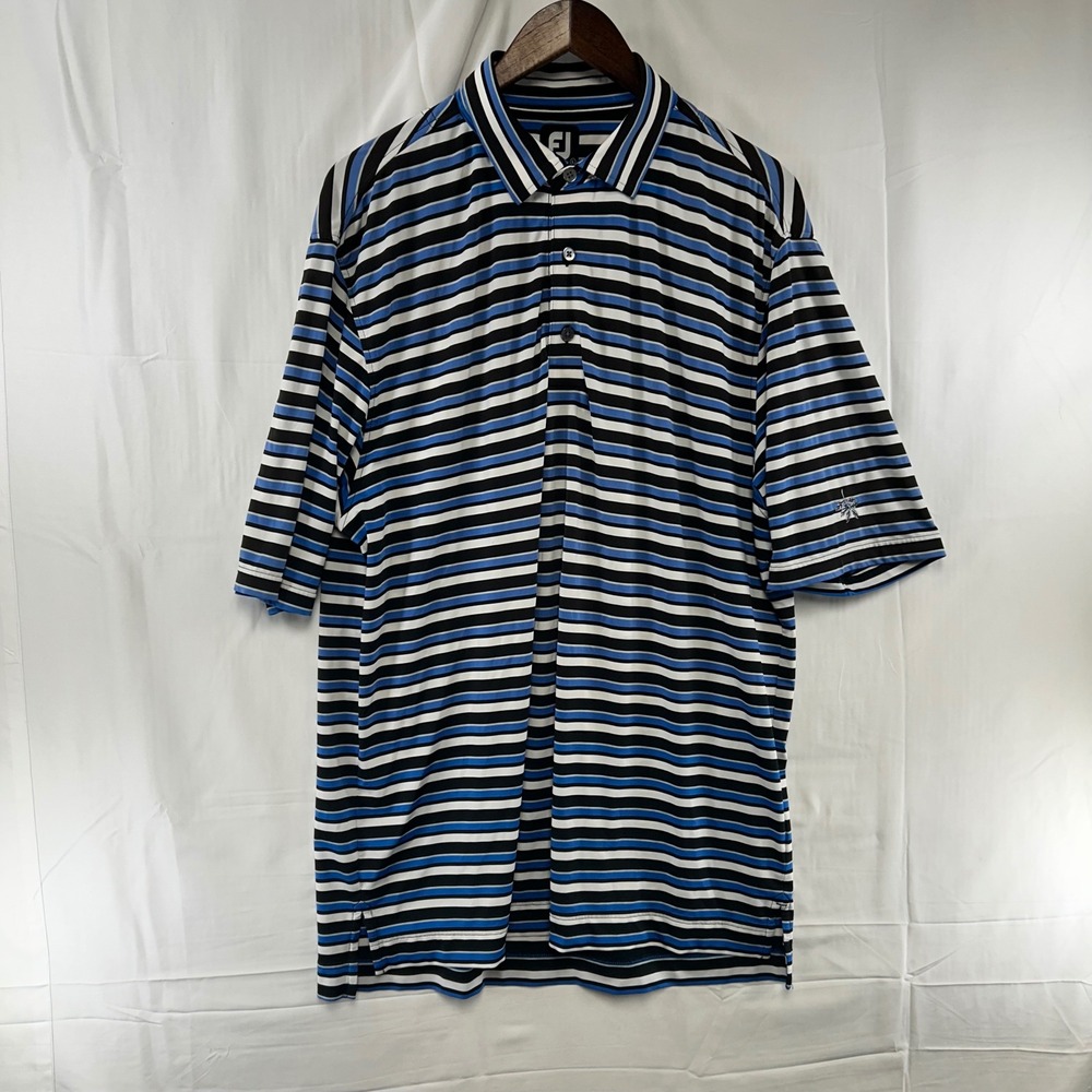 FootJoy Polo Shirt Mens Large Blue Black White Striped Performance Stretch